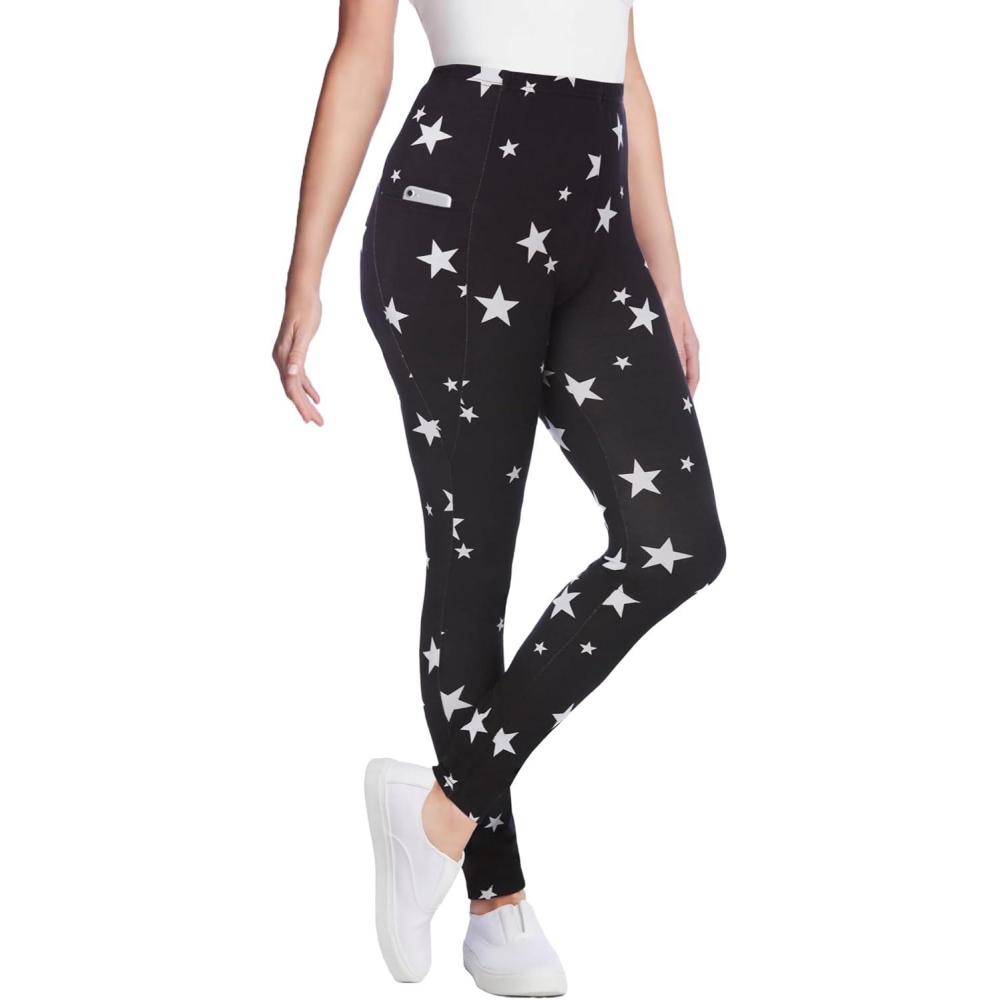 imageWoman Within Plus Size StretchCotton Knit PullOn Printed Pocket LeggingsBlack White Stars