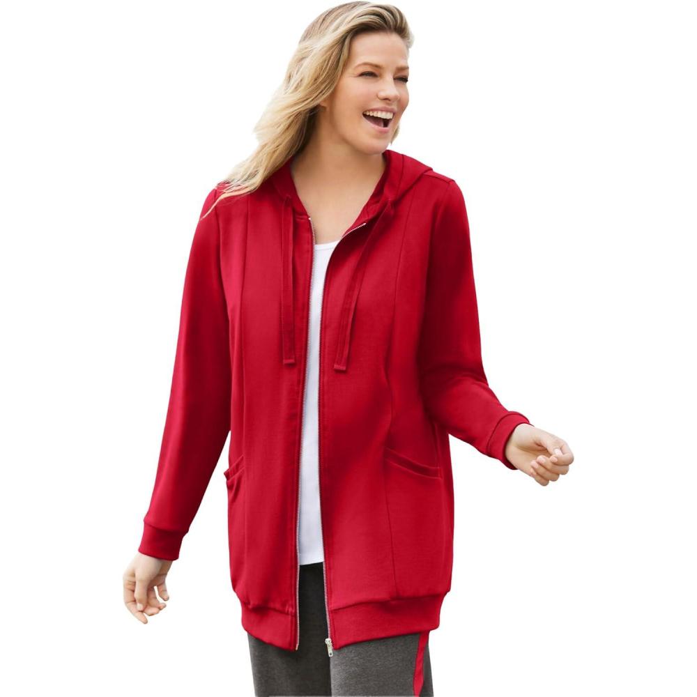 imageWoman Within Plus Size Zip Front Hoodie Jacket Long Oversized Fleece JacketClassic Red