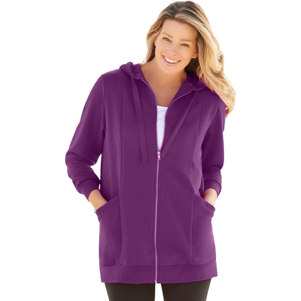 imageWoman Within Plus Size Zip Front Hoodie Jacket Long Oversized Fleece JacketPlum Purple