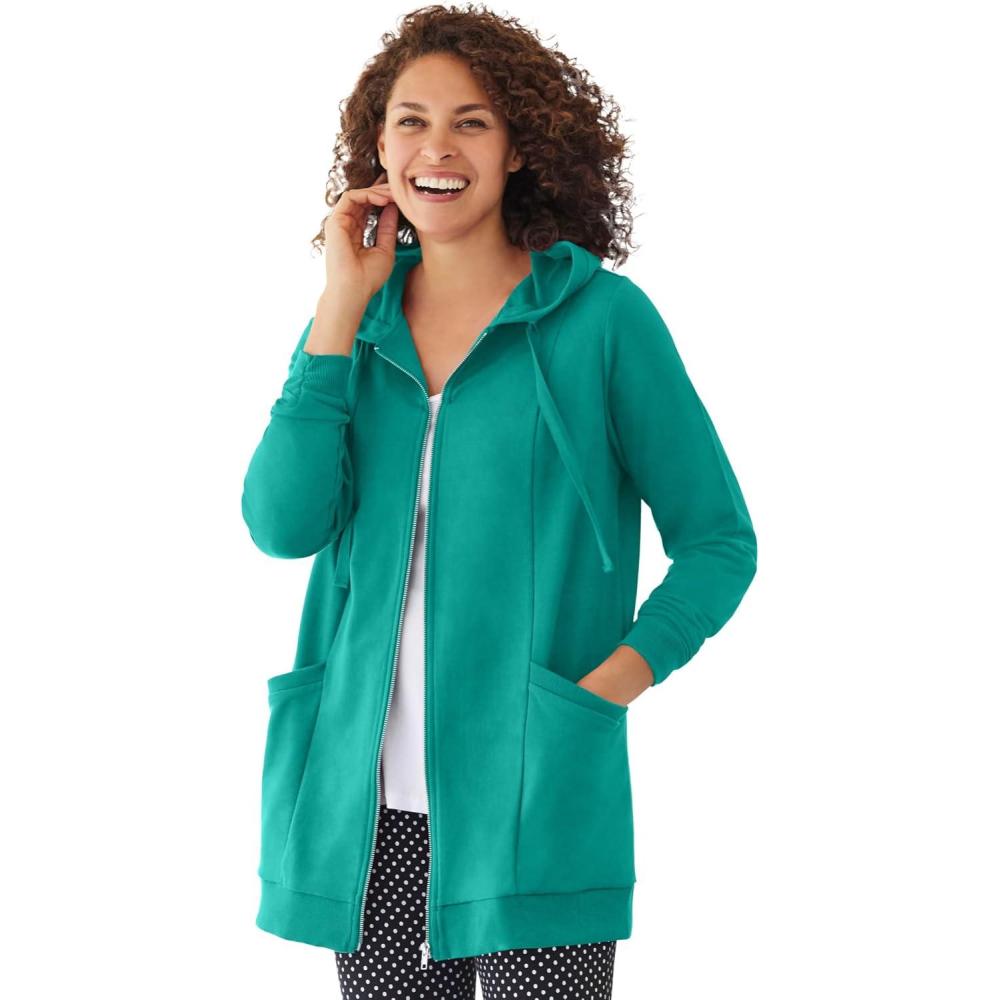 imageWoman Within Plus Size Zip Front Hoodie Jacket Long Oversized Fleece JacketWaterfall