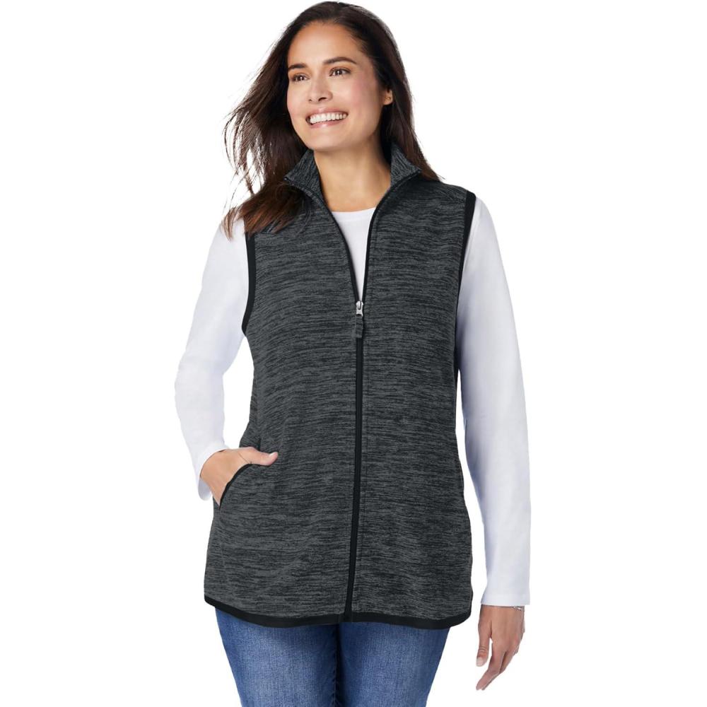 imageWoman Within Plus Size ZipFront Microfleece Vest Long Fleece VestBlack Marled