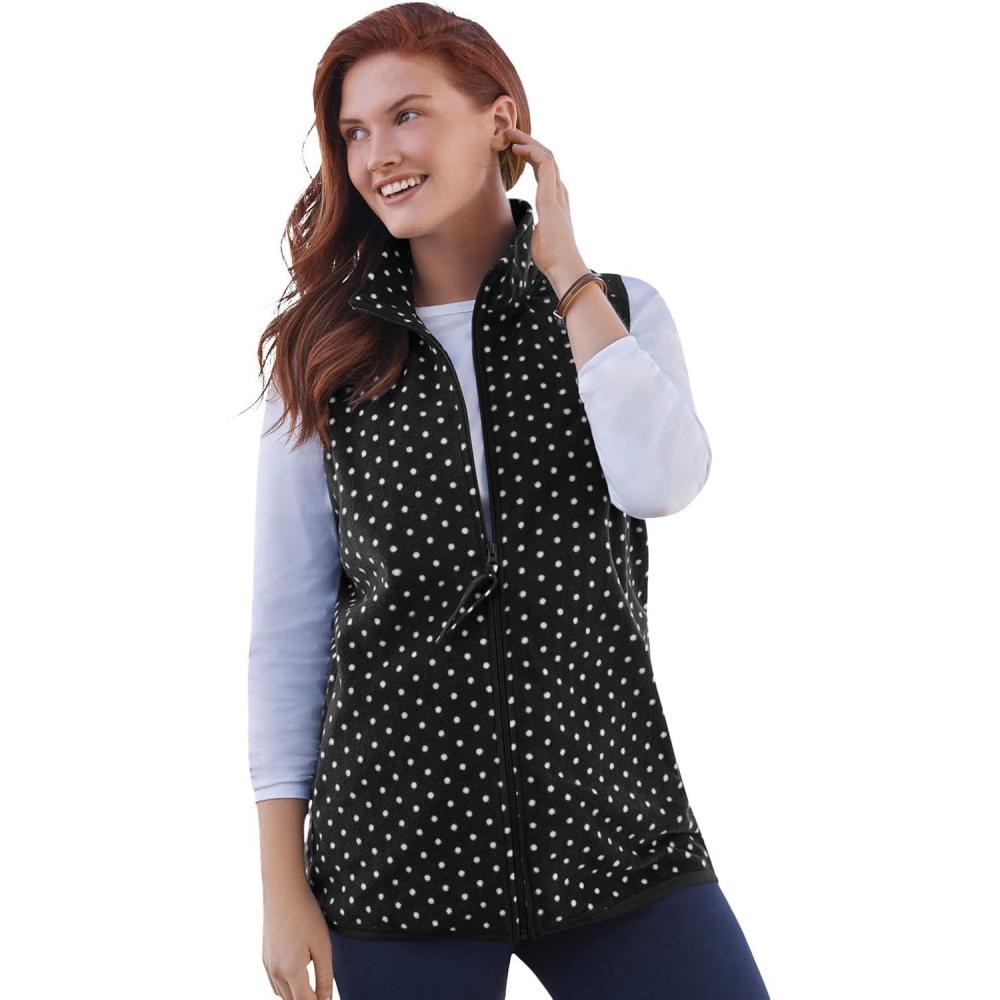 imageWoman Within Plus Size ZipFront Microfleece Vest Long Fleece VestBlack White Dot