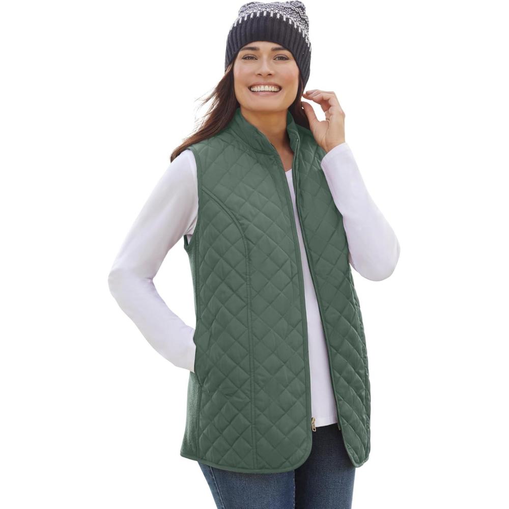 imageWoman Within Plus Size ZipFront Quilted Vest Long Lightweight GiletPine