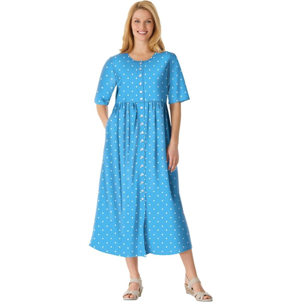 imageWoman Within Womens Plus Size ButtonFront Essential DressBlue Polka Dot