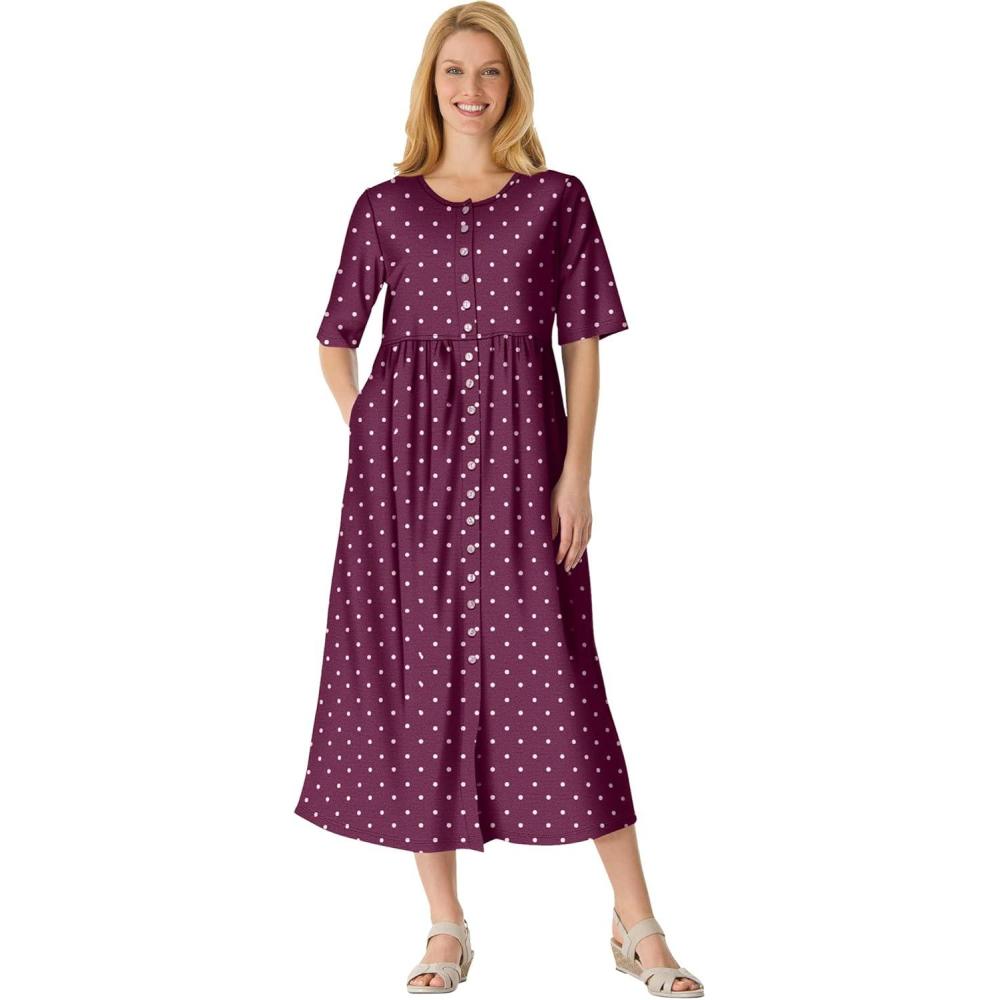 imageWoman Within Womens Plus Size ButtonFront Essential DressDeep Claret Polka Dot