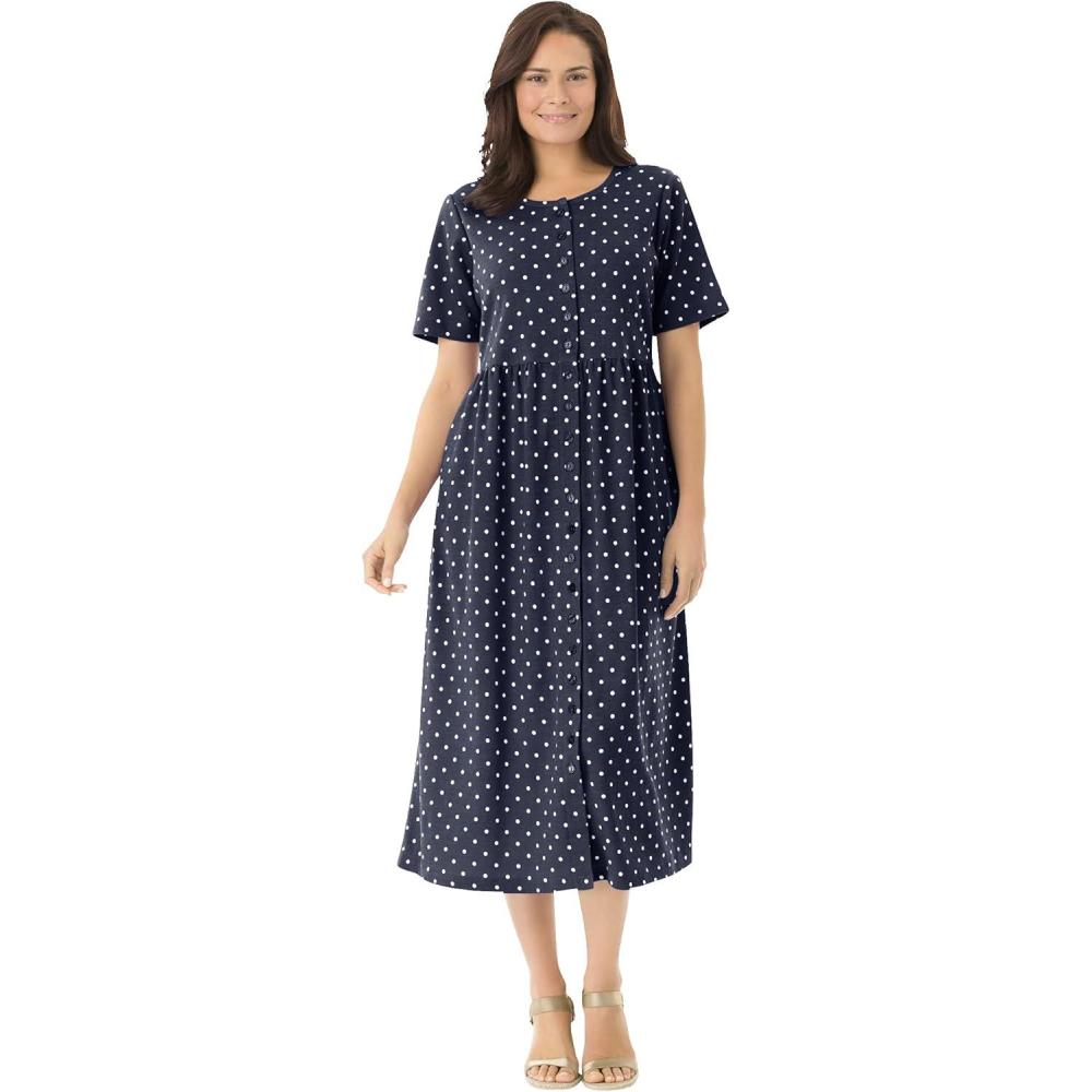 imageWoman Within Womens Plus Size ButtonFront Essential DressNavy Polka Dot