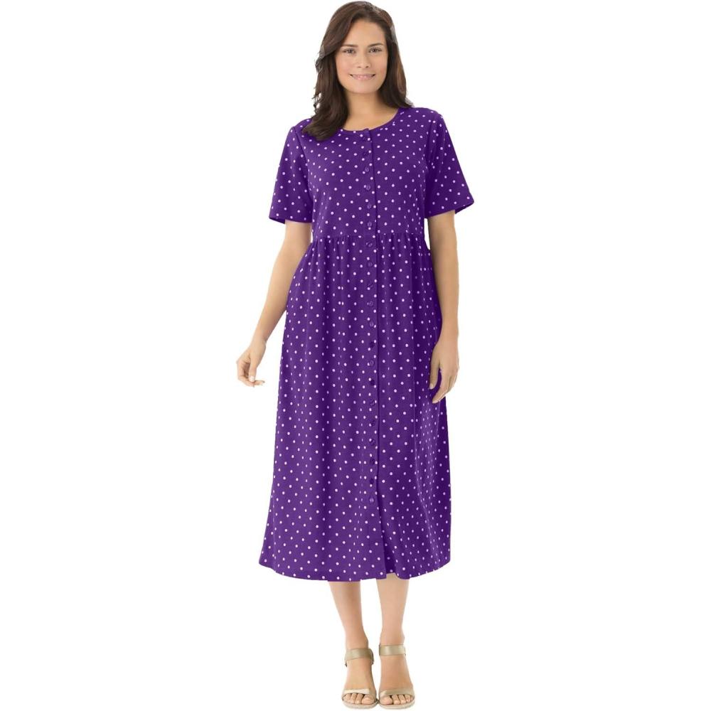 imageWoman Within Womens Plus Size ButtonFront Essential DressRadiant Purple Polka Dot