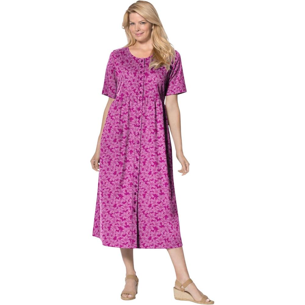 imageWoman Within Womens Plus Size ButtonFront Essential DressRaspberry Blossom