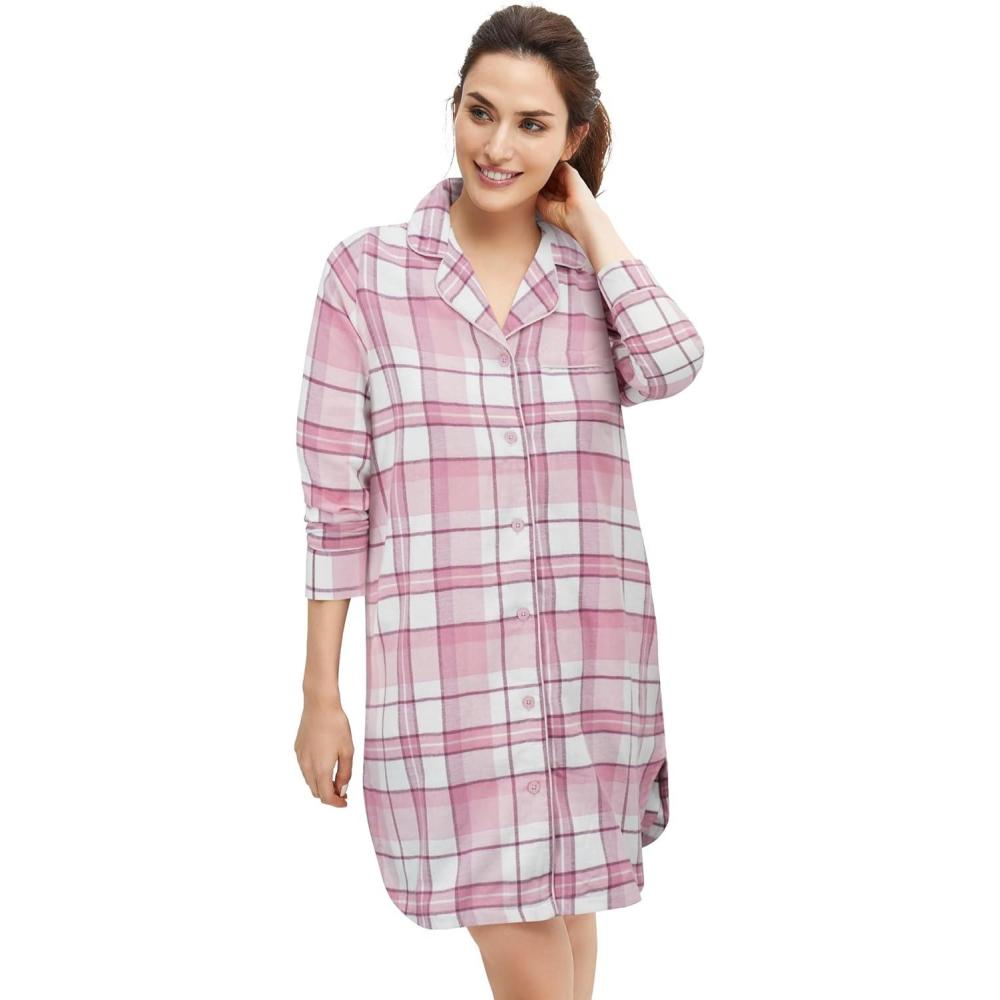 imageellos Plus Size Flannel Sleep ShirtDelicate Pink Plaid