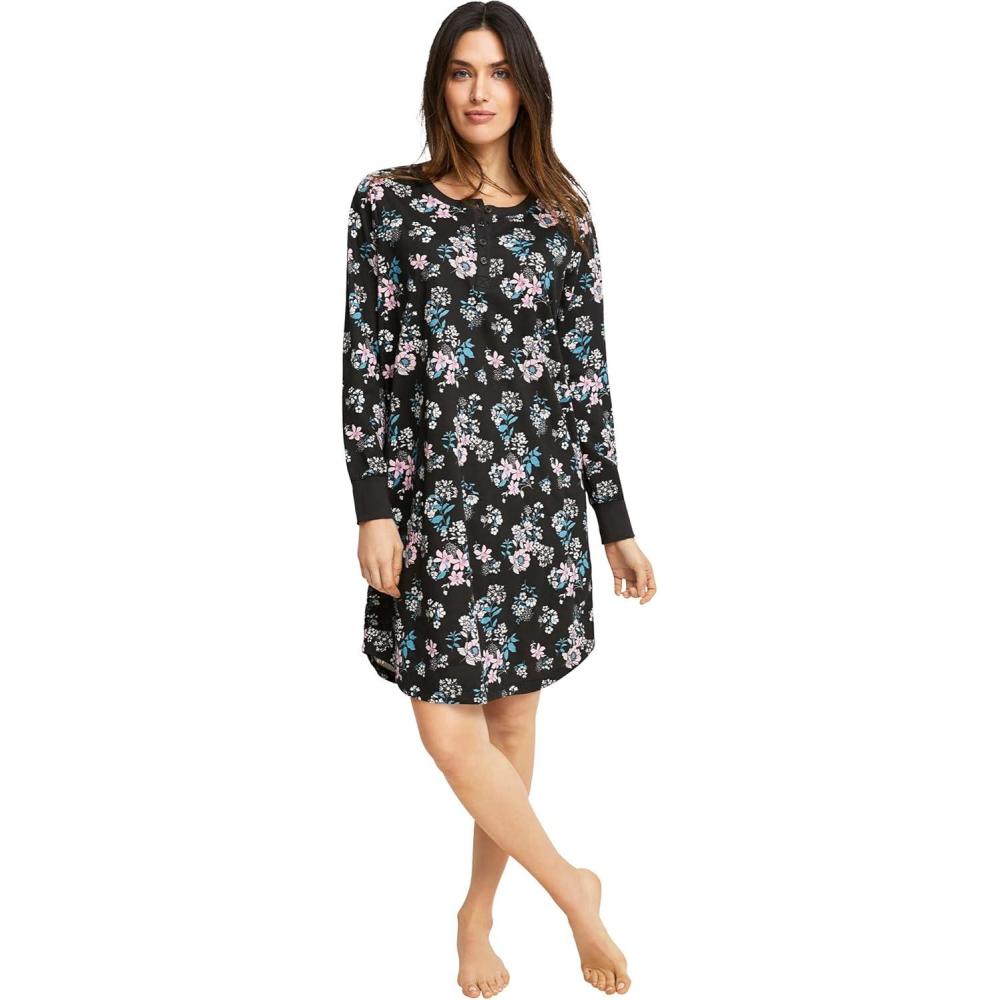imageellos Plus Size Long Sleeve Henley SleepshirtBlack Multi Floral