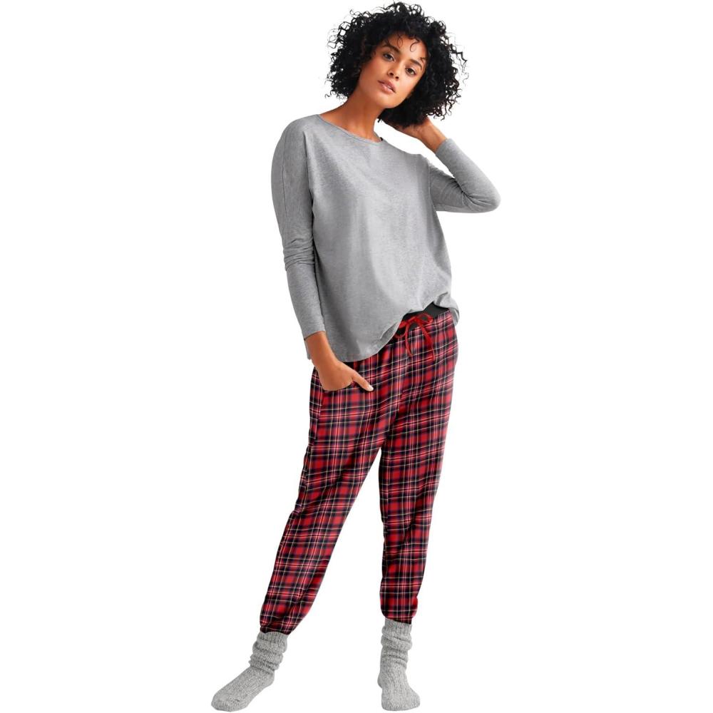 imageellos Plus Size Plaid Flannel Sleep PantsRed Tartan Plaid
