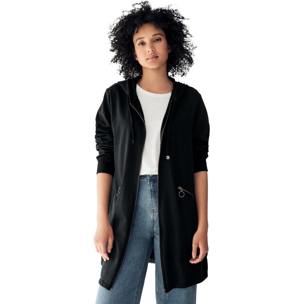 imageellos Womens Plus Size ZipFront Hoodie With Zip Pockets French Terry Long Oversized JacketBlack