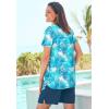 Swim 365 Women’s Plus Size Split-Neck Short Sleeve Swim Tee with Built-in Bra(Blue Multi Leaves)