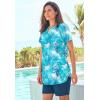 Swim 365 Women’s Plus Size Split-Neck Short Sleeve Swim Tee with Built-in Bra(Blue Multi Leaves)