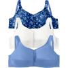 Comfort Choice Women’s Plus Size 3-Pack Front-Close Cotton Wireless Bra – 54 DD, Evening Blue Pack