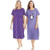Dreams & Co. Plus Size 2-Pack Long Sleepshirts(Plum Burst Penguins)
