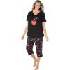 Dreams & Co. Plus Size 2-Piece Capri PJ Set(Black Multi Hearts)