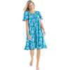 Dreams & Co. Plus Size Short Floral Print Cotton Gown(Caribbean Blue Roses)