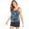 Swimsuits For All Swim 365 Women’s Plus Size Tank Overlay Swim Romper(Blue Painterly Leaves)