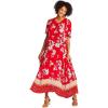 Woman Within Plus Size Short-Sleeve Crinkle Dress(Vivid Red Bloom Flower)