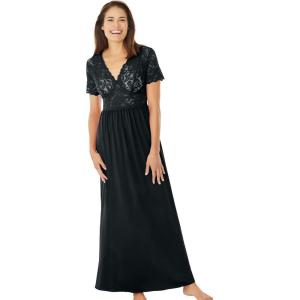 Amoureuse Plus Size Long Lace Top Stretch Knit Gown(Black)