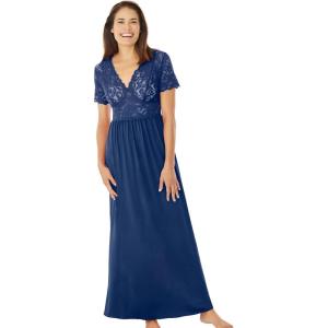 Amoureuse Plus Size Long Lace Top Stretch Knit Gown(Evening Blue)