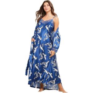Amoureuse Plus Size The Luxe Satin Long Peignoir Set(Blue Dream Crane)