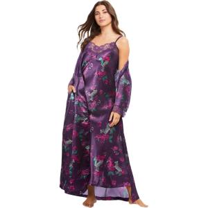 Amoureuse Plus Size The Luxe Satin Long Peignoir Set(Dark Grape Zebra)