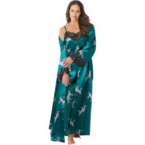 Amoureuse Plus Size The Luxe Satin Long Peignoir Set(Deep Emerald Leopard)