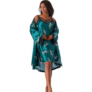 Amoureuse Plus Size The Luxe Satin Short Peignoir Set(Deep Emerald Leopard)