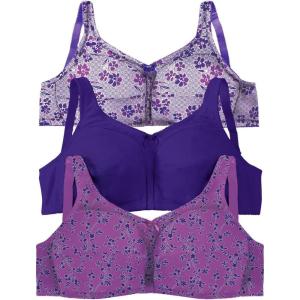 Comfort Choice Women’s Plus Size 3-Pack Cotton Wireless Bra(Amethyst Purple Assorted)