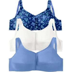 Comfort Choice Women’s Plus Size 3-Pack Front-Close Cotton Wireless Bra – 54 DD, Evening Blue Pack