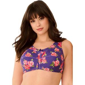 Comfort Choice Women’s Plus Size Cotton Back-Close Wireless Bra(Bright Purple Roses)