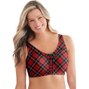 Comfort Choice Women’s Plus Size Cotton Back-Close Wireless Bra(Classic Red Plaid)