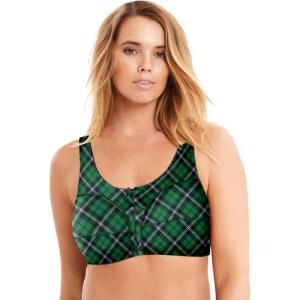 Comfort Choice Women’s Plus Size Cotton Back-Close Wireless Bra(Emerald Plaid)