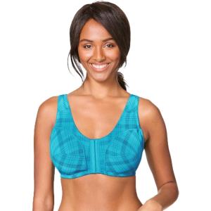 Comfort Choice Women’s Plus Size Cotton Front-Close Wireless Bra(Caribbean Blue Bias Plaid)
