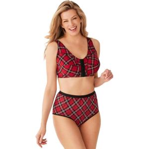 Comfort Choice Women’s Plus Size Cotton Front-Close Wireless Bra(Classic Red Plaid)