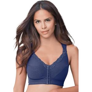 Comfort Choice Women’s Plus Size Front-Close Cotton Wireless Posture Bra(Evening Blue)