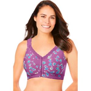 Comfort Choice Women’s Plus Size Front-Close Cotton Wireless Posture Bra(Pretty Orchid Falling Floral)