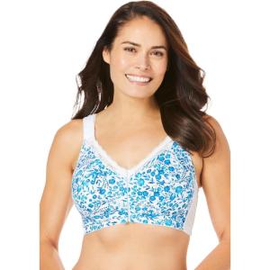 Comfort Choice Women’s Plus Size Front-Close Cotton Wireless Posture Bra(Turquoise Multi Garden)