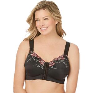 Comfort Choice Women’s Plus Size Front-Close Embroidered Wireless Posture Bra(Black Floral Embroidery)