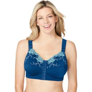 Comfort Choice Women’s Plus Size Front-Close Embroidered Wireless Posture Bra(Ocean Teal Floral Embroidery)