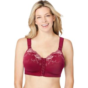 Comfort Choice Women’s Plus Size Front-Close Embroidered Wireless Posture Bra(Pomegranate Floral Embroidery)