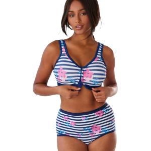 Comfort Choice Women’s Plus Size Wireless Back-Close Lounge Bra(Evening Blue Floral Stripe)