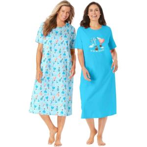 Dreams & Co. Plus Size 2-Pack Long Sleepshirts(Caribbean Blue Clouds)