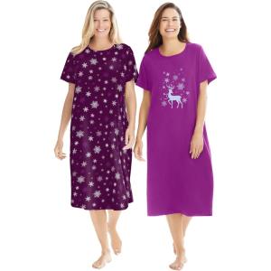 Dreams & Co. Plus Size 2-Pack Long Sleepshirts(Dark Berry Snowflake)