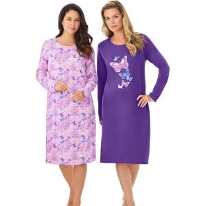 Dreams & Co. Plus Size 2-Pack Long-Sleeve Sleepshirt(Classic Plum Burst Floral Butterfly)