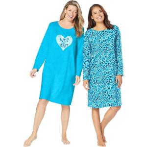 Dreams & Co. Plus Size 2-Pack Long-Sleeve Sleepshirt(Pool Blue Animal Heart)