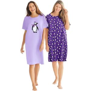 Dreams & Co. Plus Size 2-Pack Short-Sleeve Sleepshirt(Plum Burst Penguins)