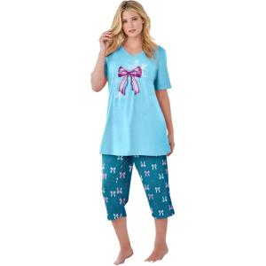 Dreams & Co. Plus Size 2-Piece Capri PJ Set(Deep Teal Bows)